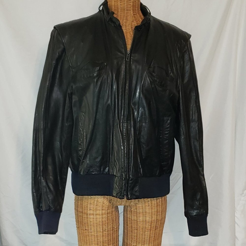 Vintage Men's FINGERHUT FASHIONS Black Leather Jacket w/Zip fleece lining - M